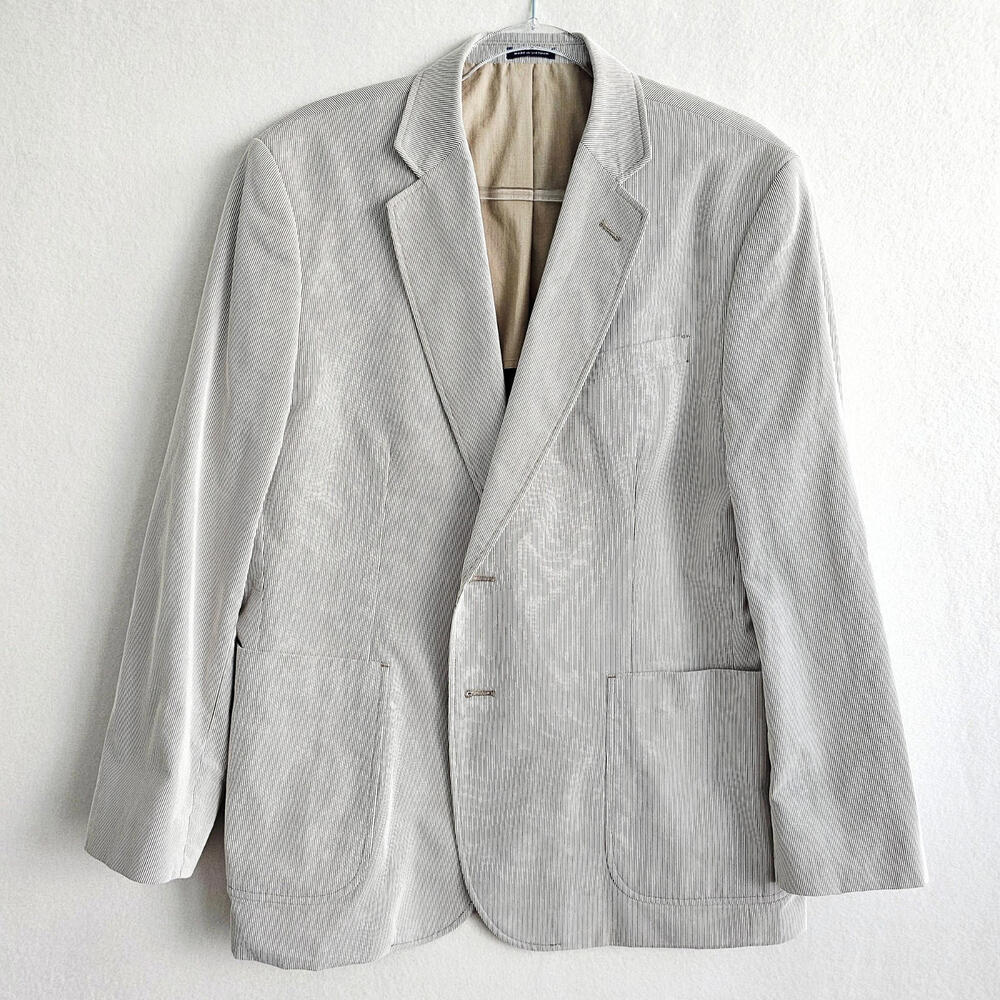 Stafford Beige Striped 100% Cotton Blazer Sport Coat L 42/44 Short Preppy